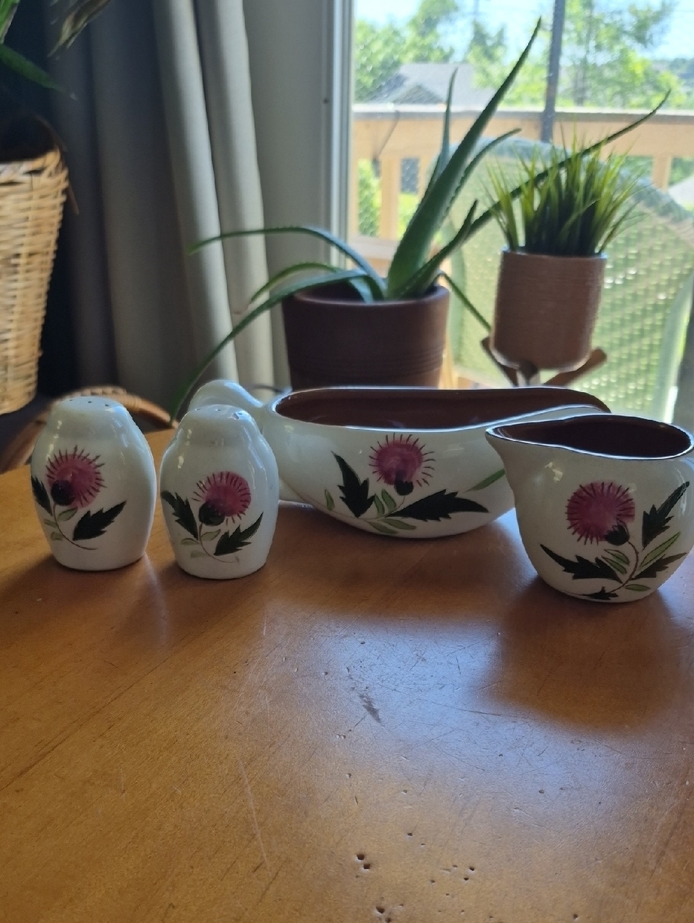 Hand-Painted Thistle Ceramic Tableware - Bundle of Creamer, Gravy Boat & S&P